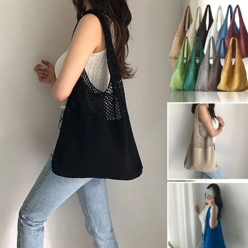 NWOT Women's Large Woven Tote Bag - Hollow Braid Design, Color Black